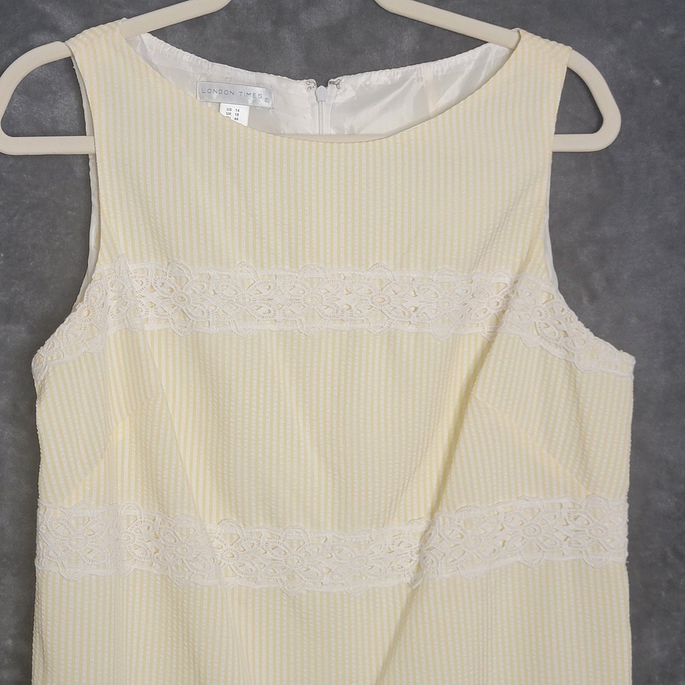 London Times Sheath Dress 14 Yellow Seersucker Lace Trim Preppy Coastal Vintage - Picture 2 of 10